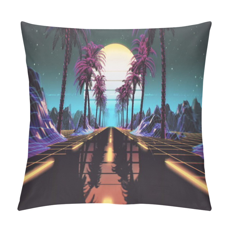 Personality  80s Retro Futuristic Sci-fi Background. Retrowave VJ Videogame Landscape With Neon Lights And Low Poly Terrain Grid. Stylized Vintage Cyberpunk Vaporwave 3D Render With Mountains, Sun And Stars. 4K Pillow Covers