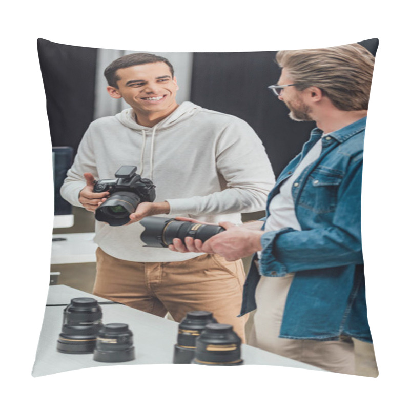 Personality  Bearded Creative Director Holding Photo Lens Near Happy Photographer  Pillow Covers