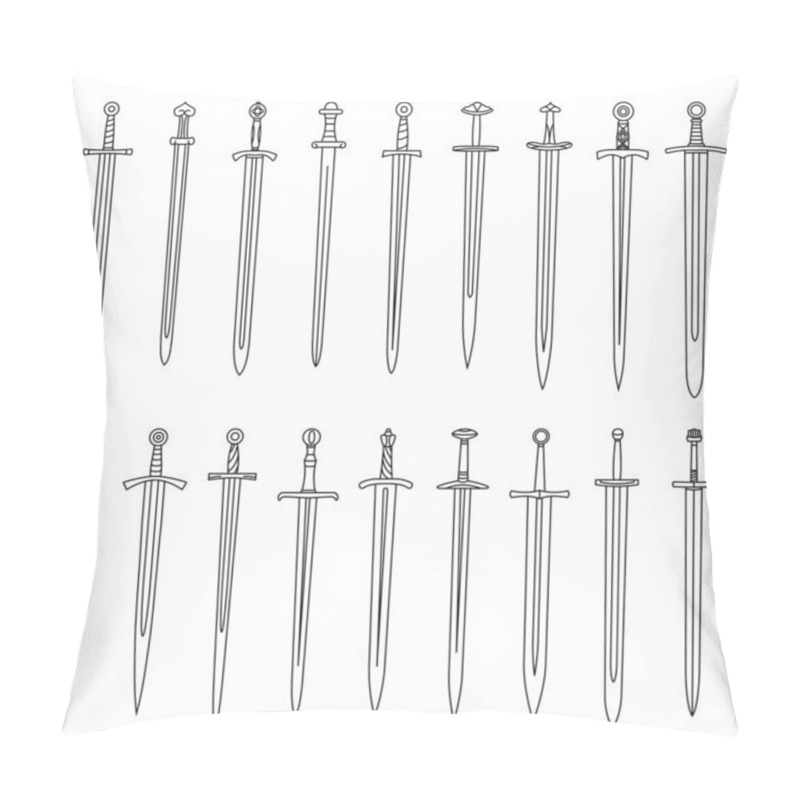 Personality  Set Of Simple Monochrome Images Of Medieval Short Swords Drawn By Lines. Pillow Covers