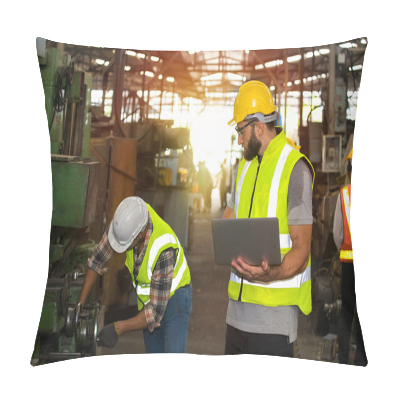 Personality  Technicians Are Checking The Readiness Of The Machines In The Factory. Two Engineers Are Auditing Safety Standards Before Starting The Production Process. Pillow Covers