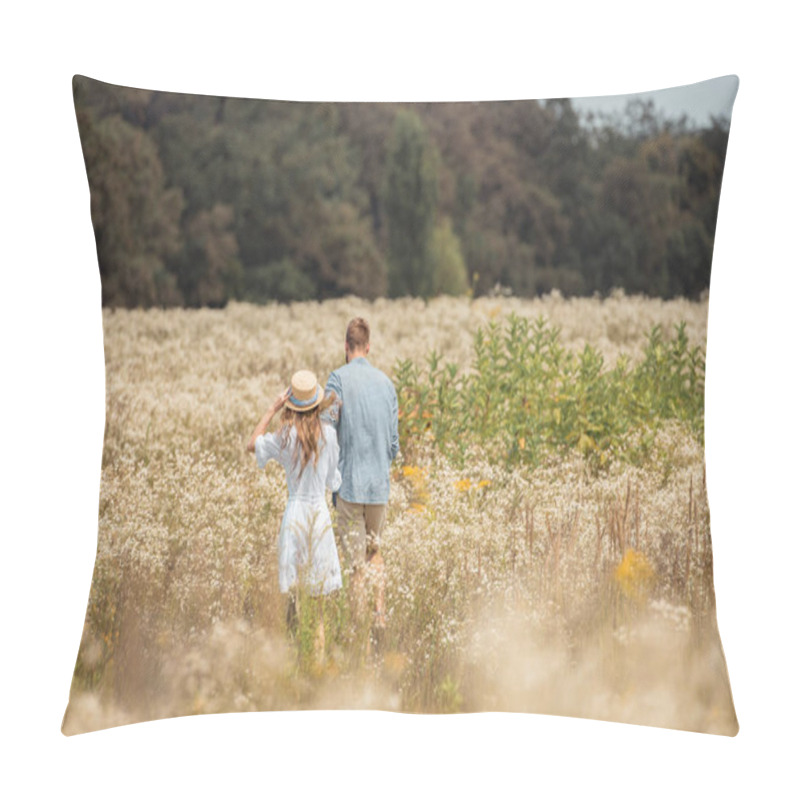 Personality  Rear View Of Couple Walking In Filed With Wild Flowers Around Pillow Covers