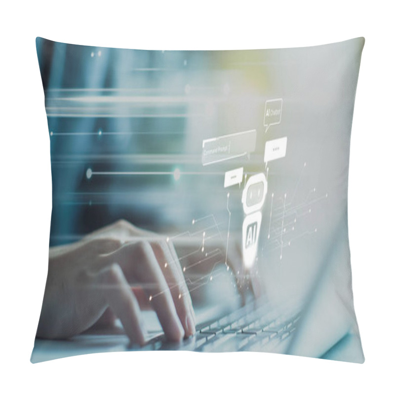 Personality  Human Interact With AI Artificial Intelligence Virtual Assistant Chatbot In Concept Of AI Artificial Intelligence Prompt Engineering, LLM AI Deep Learning To Use Generative AI For Work Support. EIDE Pillow Covers