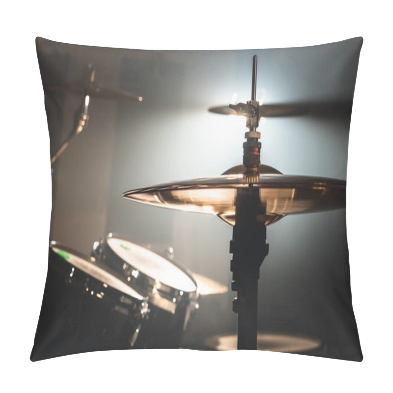 Personality  Close-up Drum Set In A Dark Room Against The Backdrop Of The Spotlight. Atmospheric Background Symbol Of Playing Rock Or Jazz Drums. Copper Plates On A Cold Background. Pillow Covers