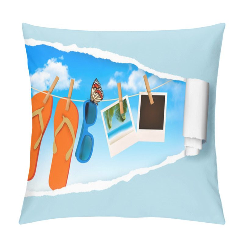 Personality  Flip Flops, Sunglasses And Photo Cards Hanging On A Rope. Summer Pillow Covers