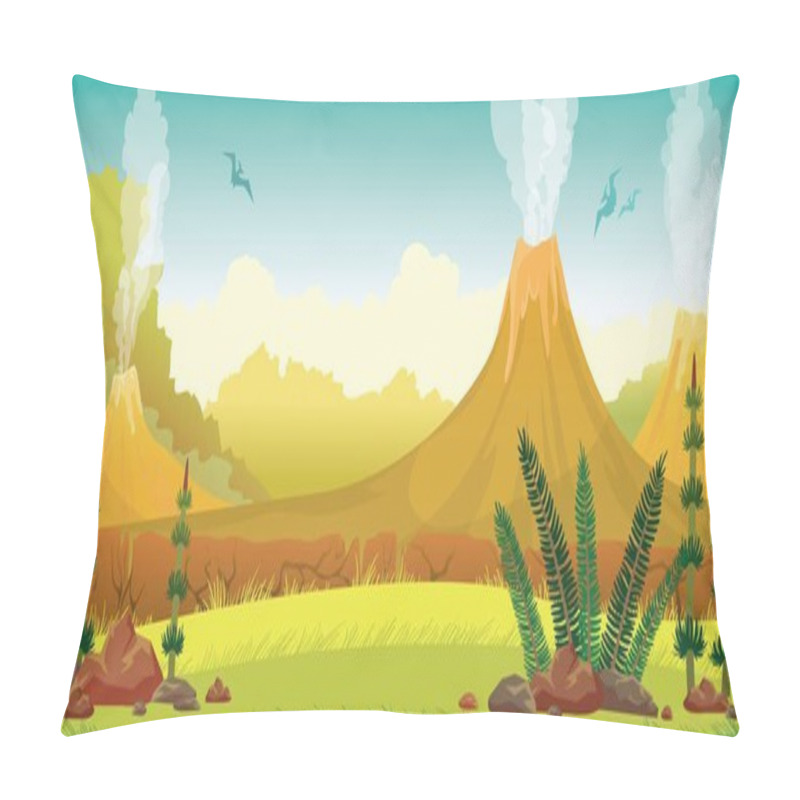 Personality  Prehistoric Landscape - Volcano, Pterodactyls, Grass Pillow Covers