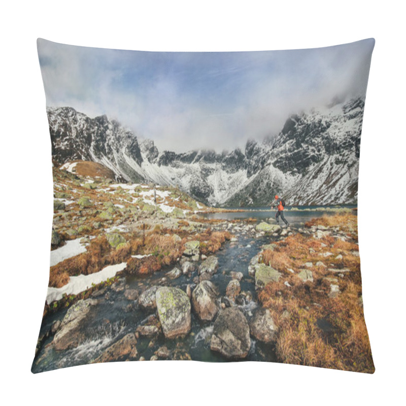 Personality  A Man Jumping Across Rocks Over A Lake In The High Tatras Pillow Covers