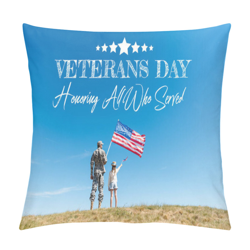 Personality  Back View Of Kid In Straw Hat And Military Father Holding American Flags With Veterans Day, Honoring All Who Served Illustration Pillow Covers