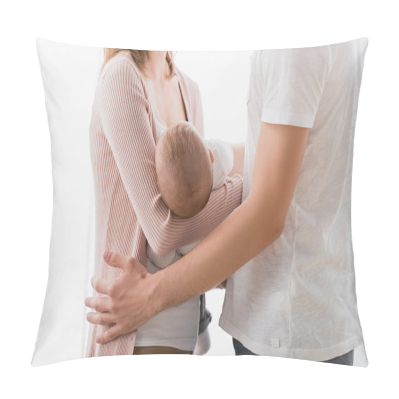 Personality  Cropped View Of Caring Woman Holding In Arms Infant Boy Near Husband  Pillow Covers