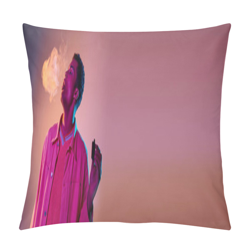 Personality  Banner Of African American Man Exhaling Smoke While Holding E Cigarette On Colorful Background Pillow Covers