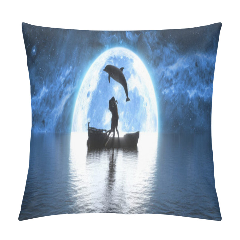 Personality  Dolphin Jumping Over A Boat With Kissing People On The Background Of The Moon, 3d Illustration Pillow Covers