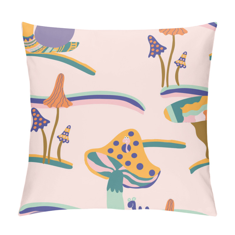 Personality  Groovy Mushrooms And Snails, In A Seamless Pattern Design, That Can Be Used Both On The Web, As A Background Or In Print, For Surface Design. Vector Icon Pillow Covers