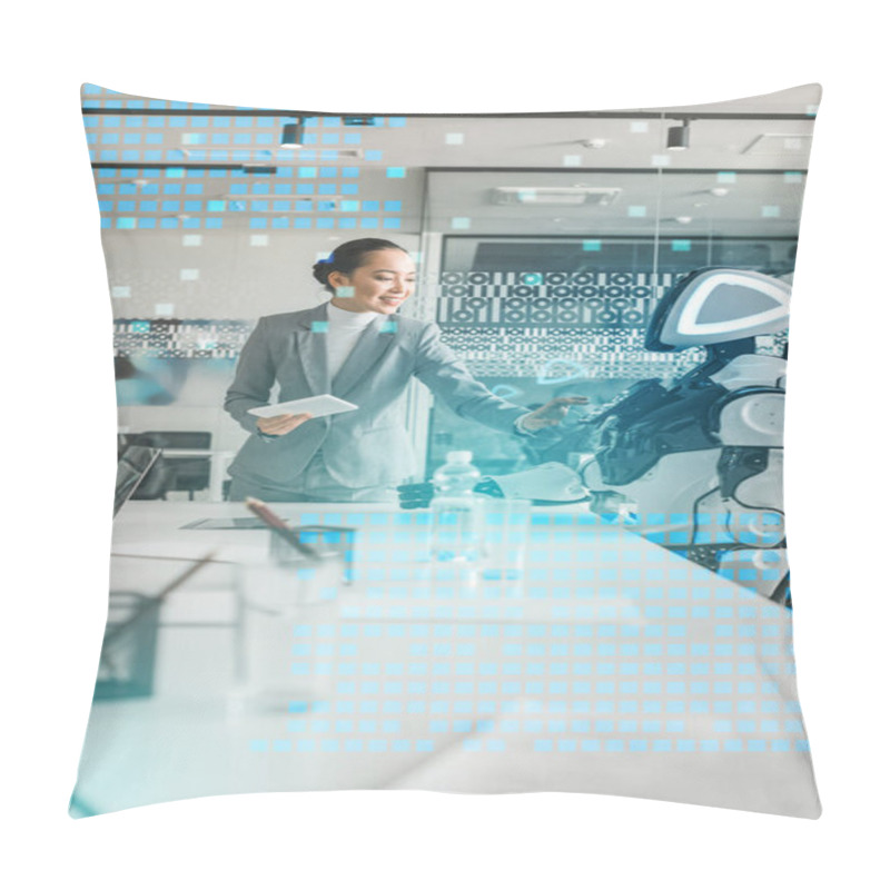 Personality  Attractive Asian Businesswoman Operating Robot While Holding Digital Tablet, Cyber Illustration Pillow Covers