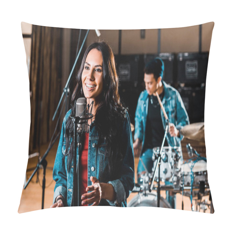 Personality  Pretty Woman Singing While Mixed Race Musician Playing Drums In Recording Studio Pillow Covers