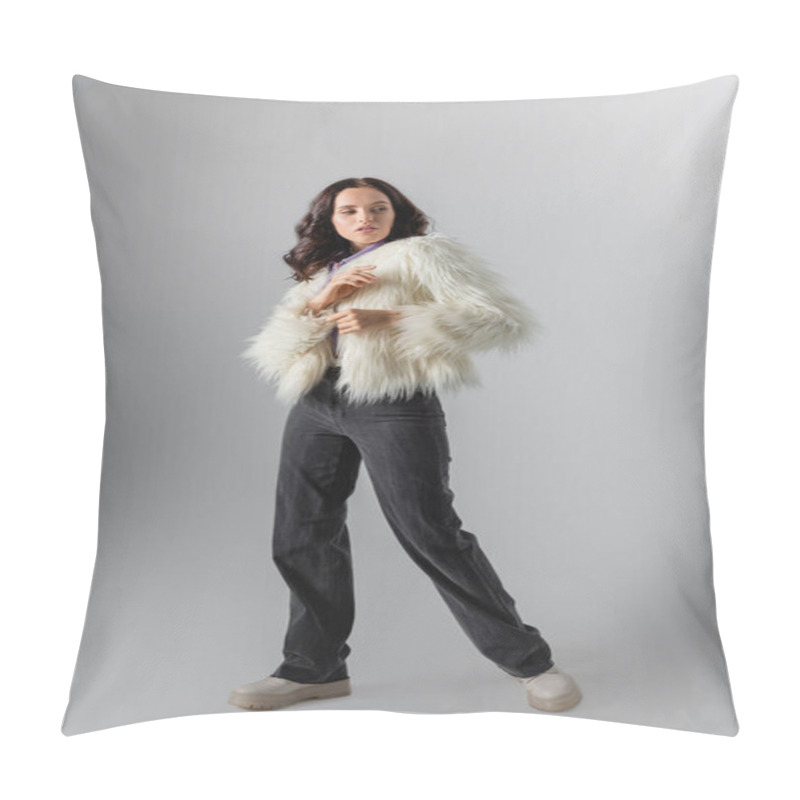 Personality  Brunette Young Woman In Stylish White Faux Fur Jacket Posing On Grey Background Pillow Covers