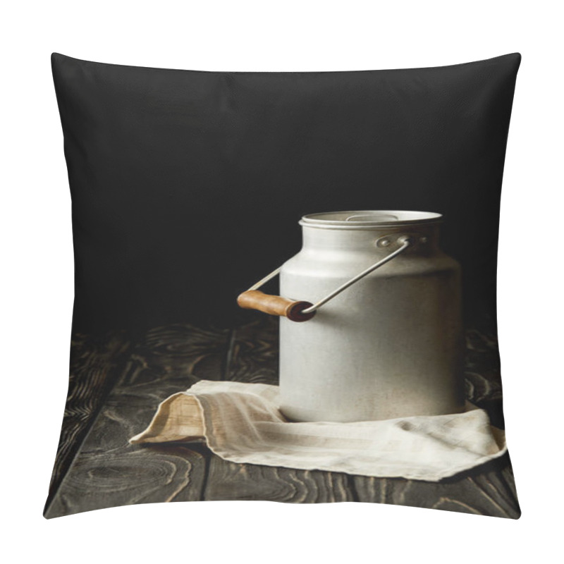 Personality  Closeup View Of Milk In Aluminium Can On Sackcloth On Black Background  Pillow Covers