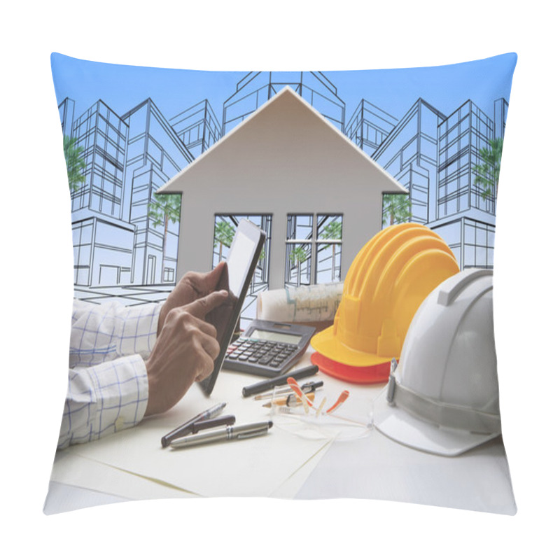 Personality  Hand Of Architect Working On Computer Tablet With Construction Pillow Covers