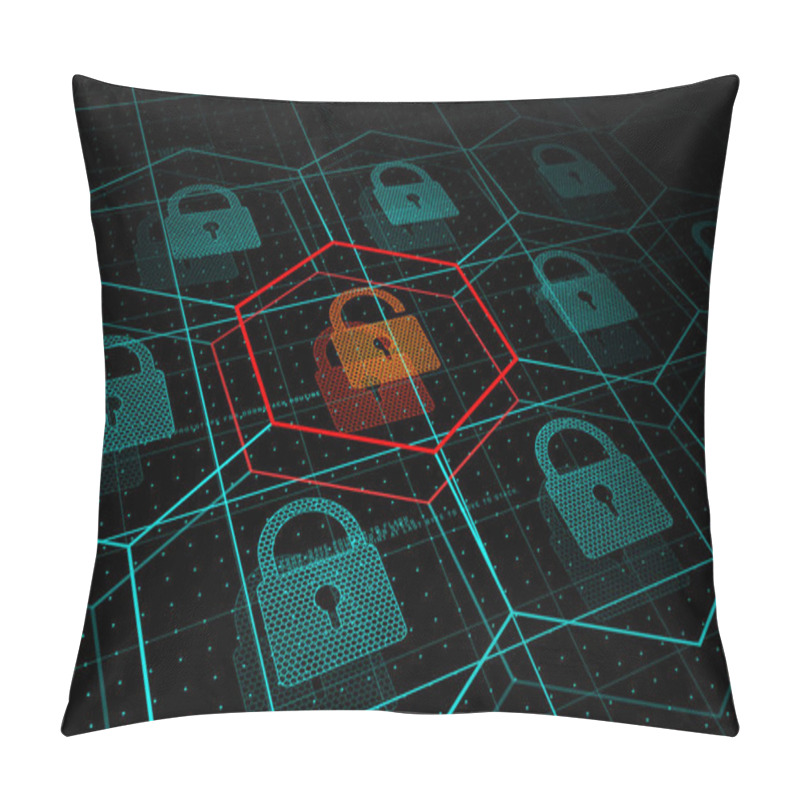 Personality  Cyber Attack, System Under Threat, DDoS Attack. Camera Flies Frough HUD Blue Hexagons And Padlocks, But One Of Them Hacked. Cyber Security And Hacking Concept. Vector Illustration. Pillow Covers