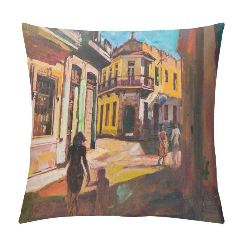 Personality  Painting Representing Sightseeing Tourists Walking In Cuba, Latin America, Having Urban Vacation. Pillow Covers