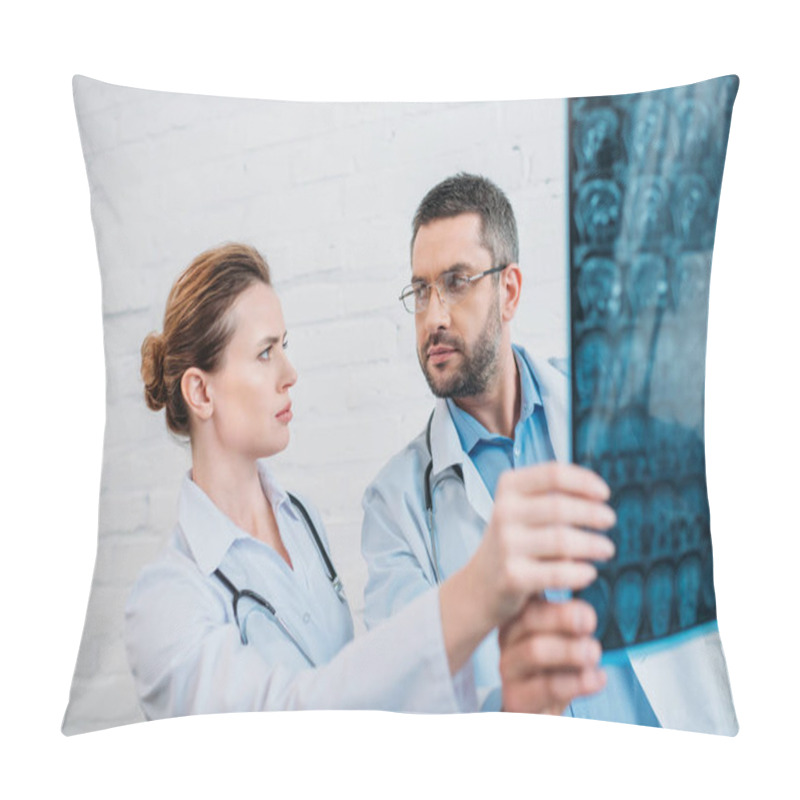 Personality  Bewildered Adult Doctors Examining X-ray Scan Pillow Covers