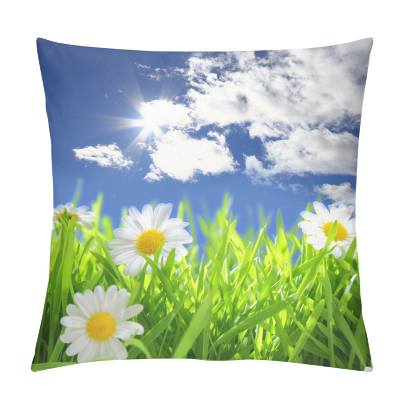 Personality  Flowers With Grassy Field On Blue Sky And Sunshine  Pillow Covers