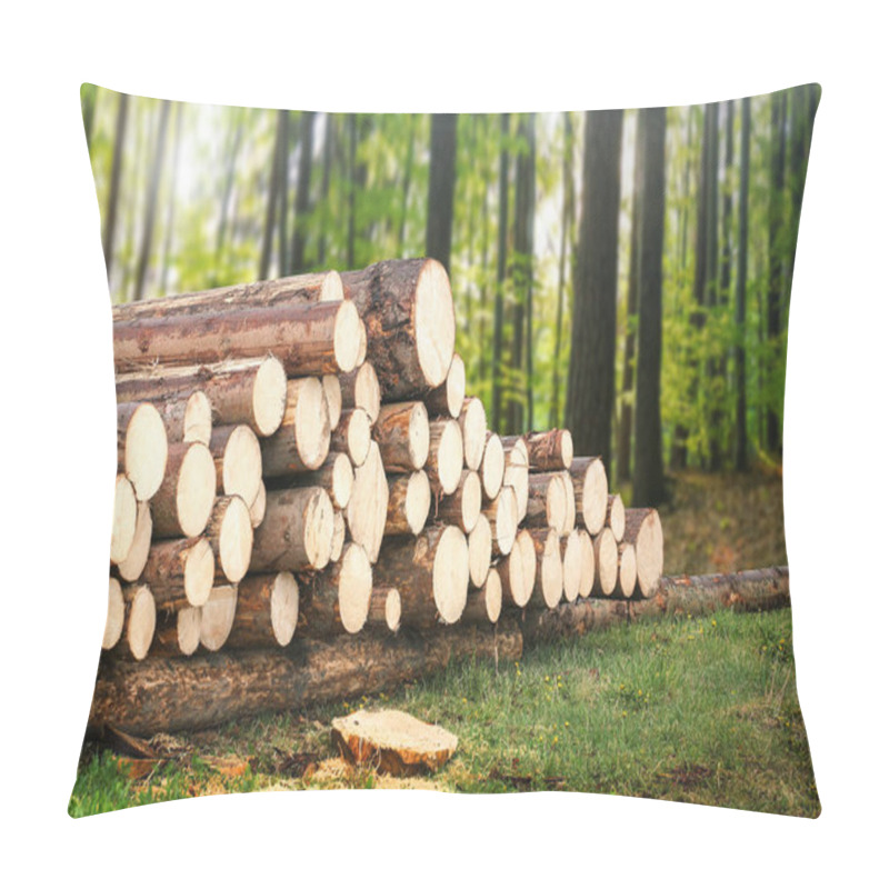 Personality  Forest Pine And Spruce Trees. Log Trunks Pile, The Logging Timber Wood Industry. Pillow Covers