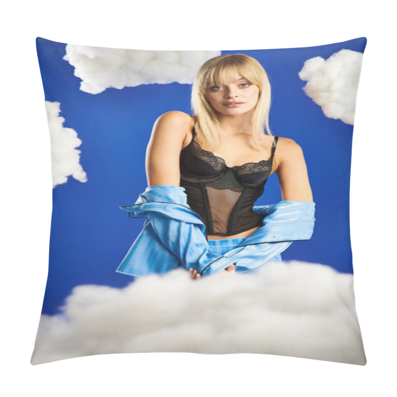 Personality  Alluring Blonde Woman In Lingerie On A Fluffy Cloud In A Serene Blue Sky. Pillow Covers