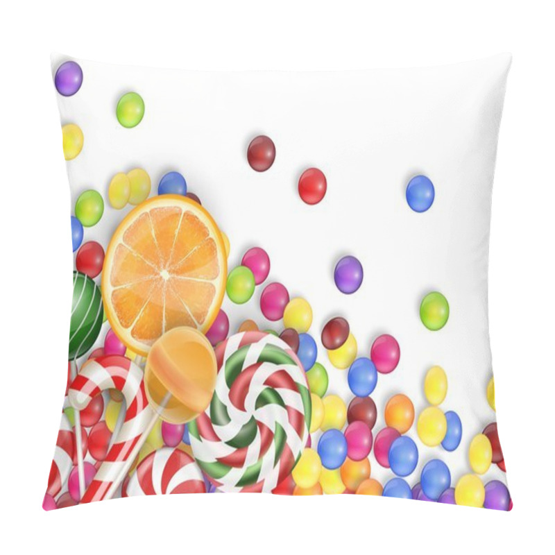 Personality  Sweets Of Candies With Lollipop, Orange Juice, Bubblegum On A White Background Pillow Covers