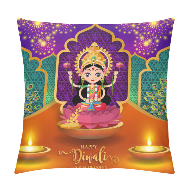 Personality  Happy Diwali Festival Card With Gold Diya Patterned And Crystals On Paper Color Background. Pillow Covers