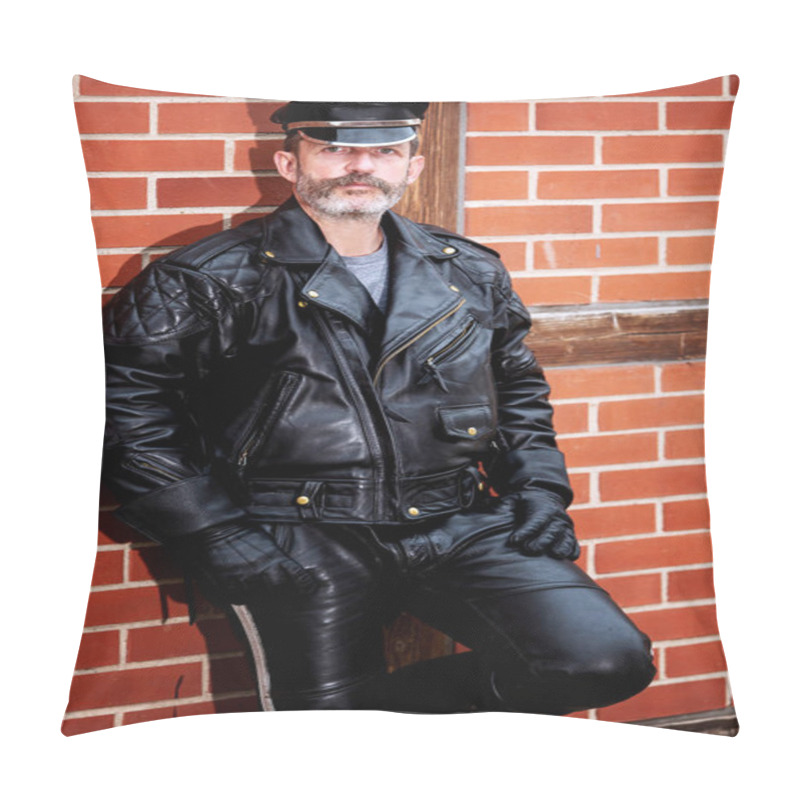 Personality  Handsome Sexy Bearded Man Dressed In Black Leather Leaning Again Pillow Covers