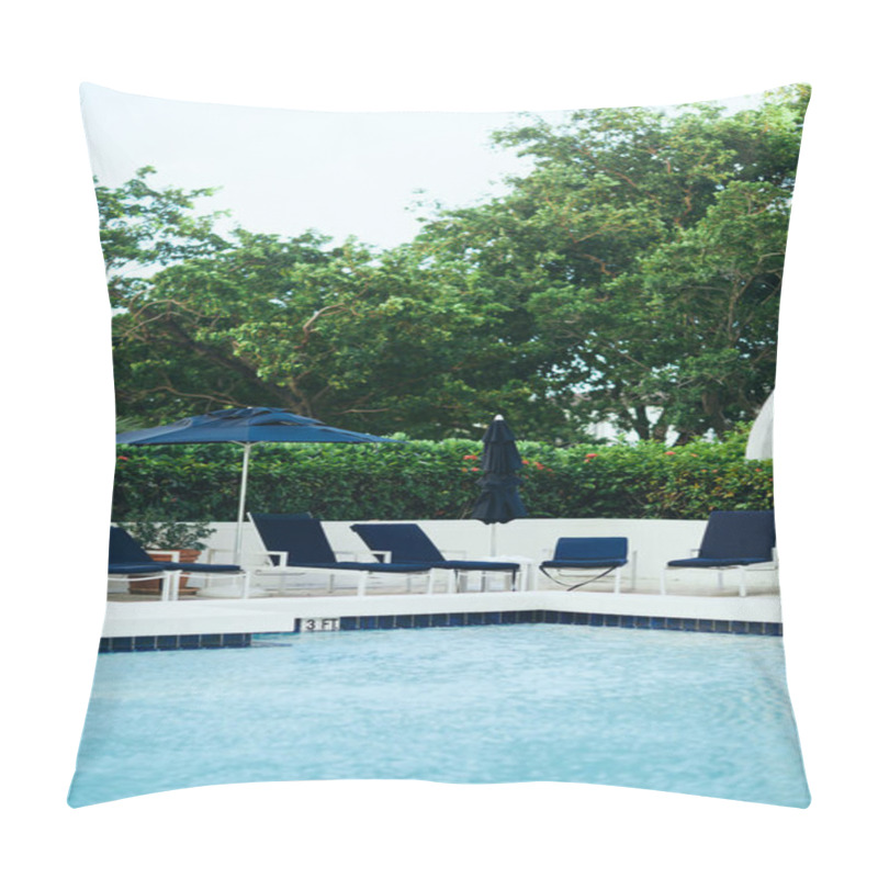 Personality  Luxury Resort, Vacation And Holiday Concept, Sunbeds And Outdoor Chairs Near Umbrellas Around Green Tropical Palm Trees And Plants Next To Outdoor Swimming Pool In Hotel, Summer Pillow Covers