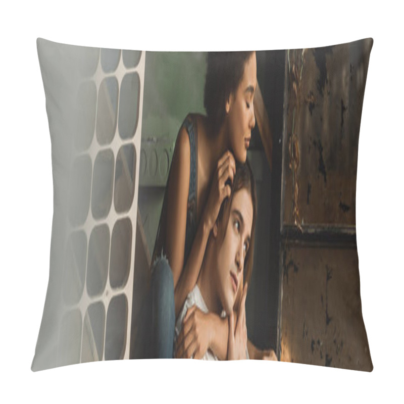 Personality  Pretty And Tender African American Woman Hugging Dreamy Boyfriend Looking Away In Workshop, Banner Pillow Covers