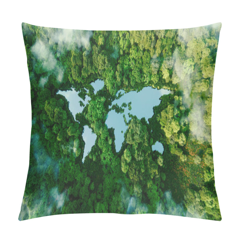 Personality  A Lake In The Shape Of The World's Continents In The Middle Of Untouched Nature. A Metaphor For Ecological Travel, Conservation, Climate Change, Global Warming And The Fragility Of Nature.3d Rendering Pillow Covers