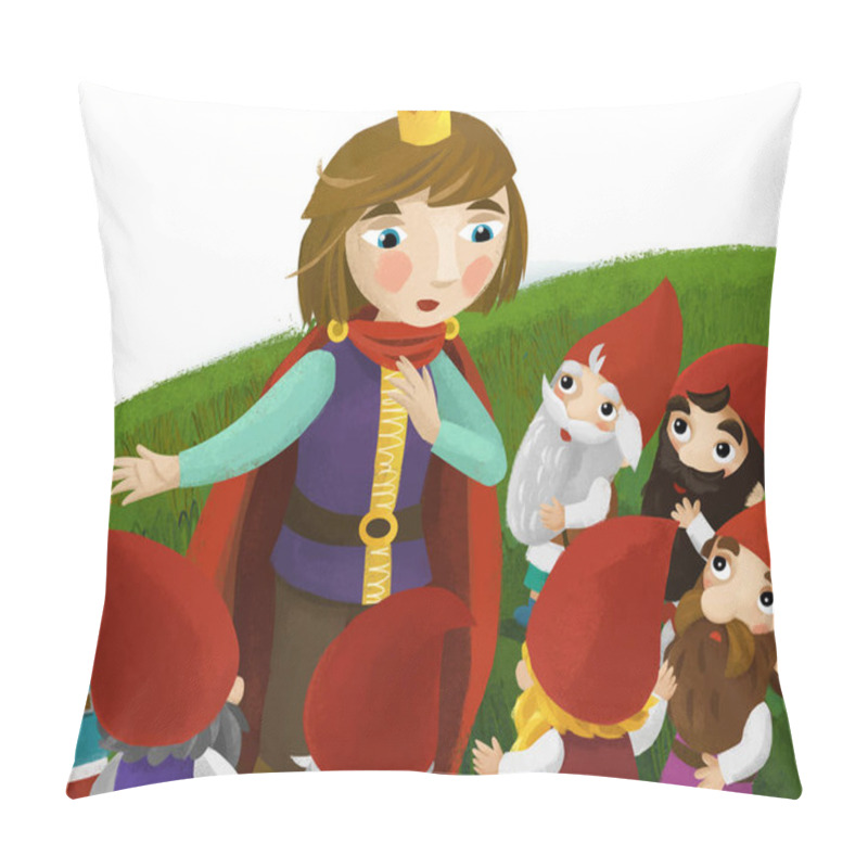 Personality  Cartoon Scene With Prince Talking To Dwarfs Illustration For Children Pillow Covers