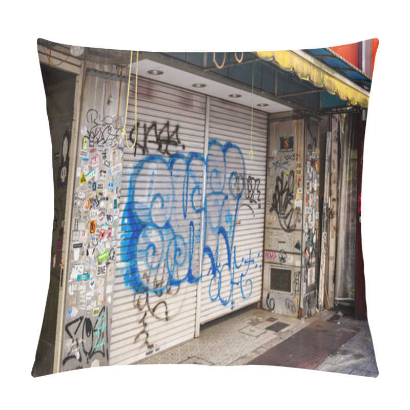 Personality  Tokyo, Japan, 26 October 2023: Graffiti On Shuttered Storefront In Urban Tokyo Pillow Covers