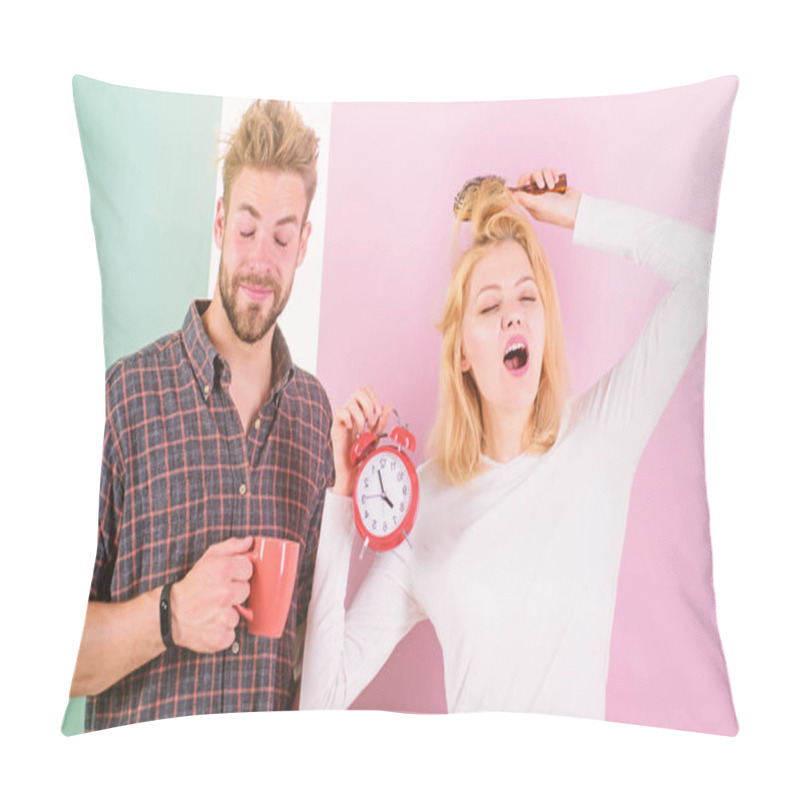 Personality  Couple Morning Awakening Alarm Clock. Create Healthy Rest Regime To Sleep Enough. Regret Late Regime. We Should Go To Bed Earlier. Woman And Man Sleepy Tousled Hair Drink Morning Coffee Pillow Covers