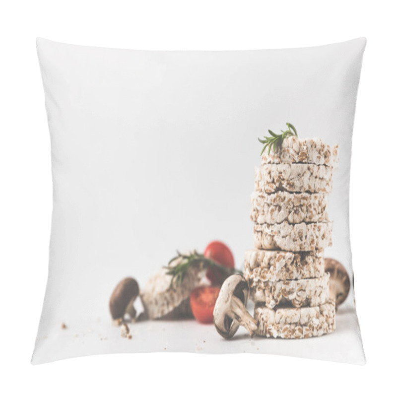 Personality  Stack Of Rice Cakes With Mushrooms And Tomatoes On White Surface Pillow Covers