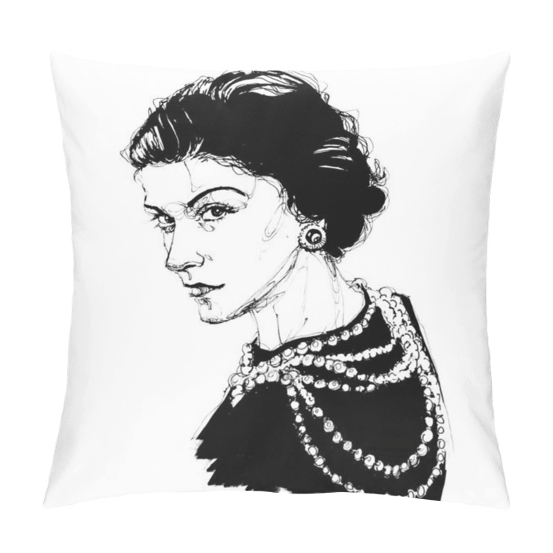 Personality  Hand Drawn Sketch Portrait Of Coco Chanel  Stock Illustration, Black Pen  Pillow Covers