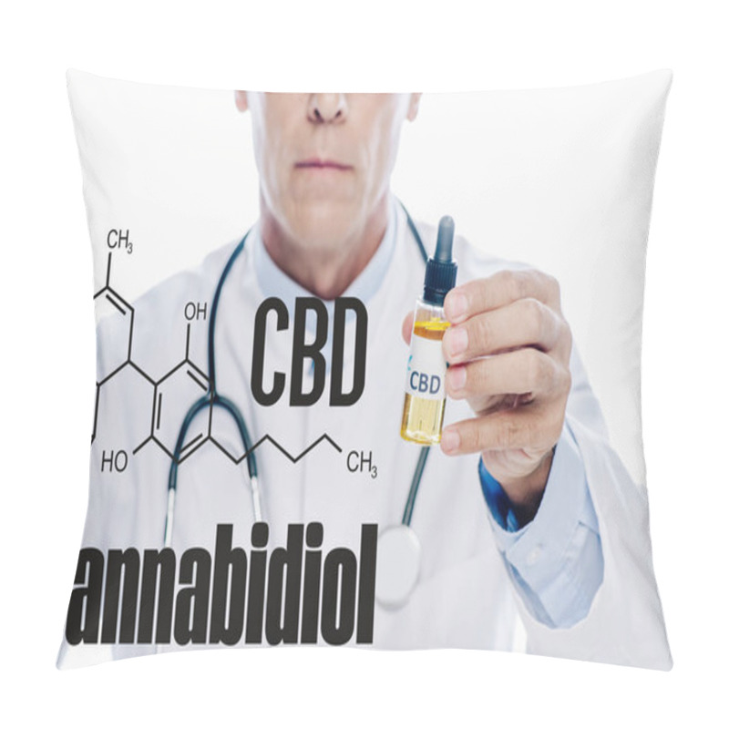 Personality  Cropped View Of Doctor In White Coat Holding Cbd Oil Isolated On White With Cbd Molecule Illustration Pillow Covers