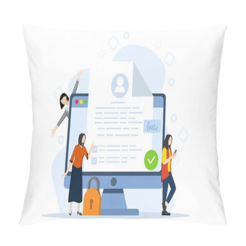 Personality  Terms And Conditions Concept. Browse Signature Documents, Protect Personal Data, Check Documents. Concept Of Account Security, Privacy Policy, User Consent. Vector Illustration In Flat Design. Pillow Covers