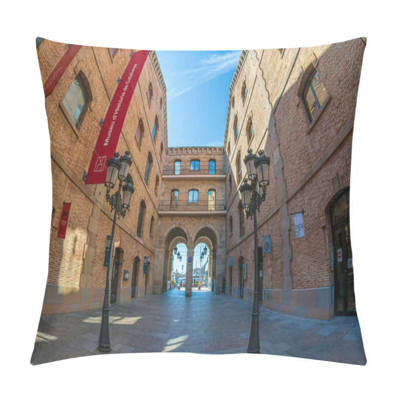 Personality  BARCELONA, SPAIN - MARCH 1, 2022: Museu D'Historia De Catalunya Located In The Building Palau De Mar (1880-1890), Originally General Port Warehouse, A 19th-century Warehouse In Front Of The Harbor. Pillow Covers