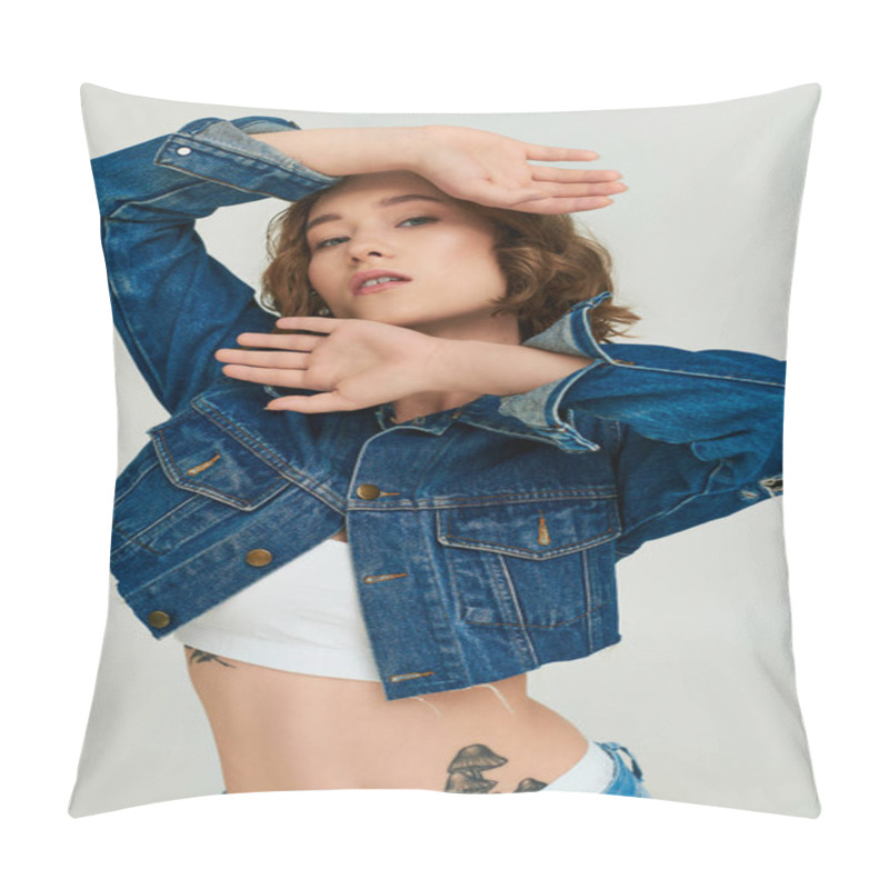 Personality  Attractive Young Model With Tattoo In Cropped Denim Jacket And Blue Jeans Posing On Grey Backdrop Pillow Covers