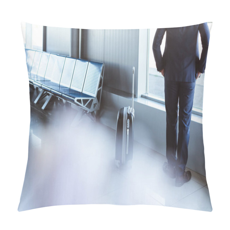 Personality  Back View Of Businessman Standing At Departure Lounge In Airport Pillow Covers