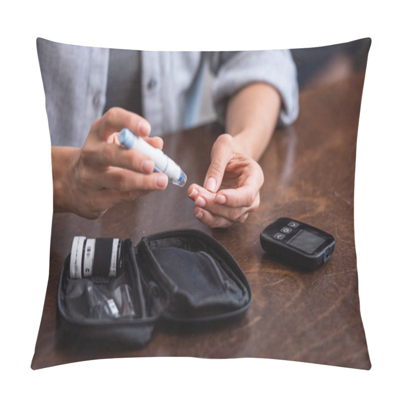 Personality  Cropped View Of Woman Holding Blood Lancet Near Finger  Pillow Covers