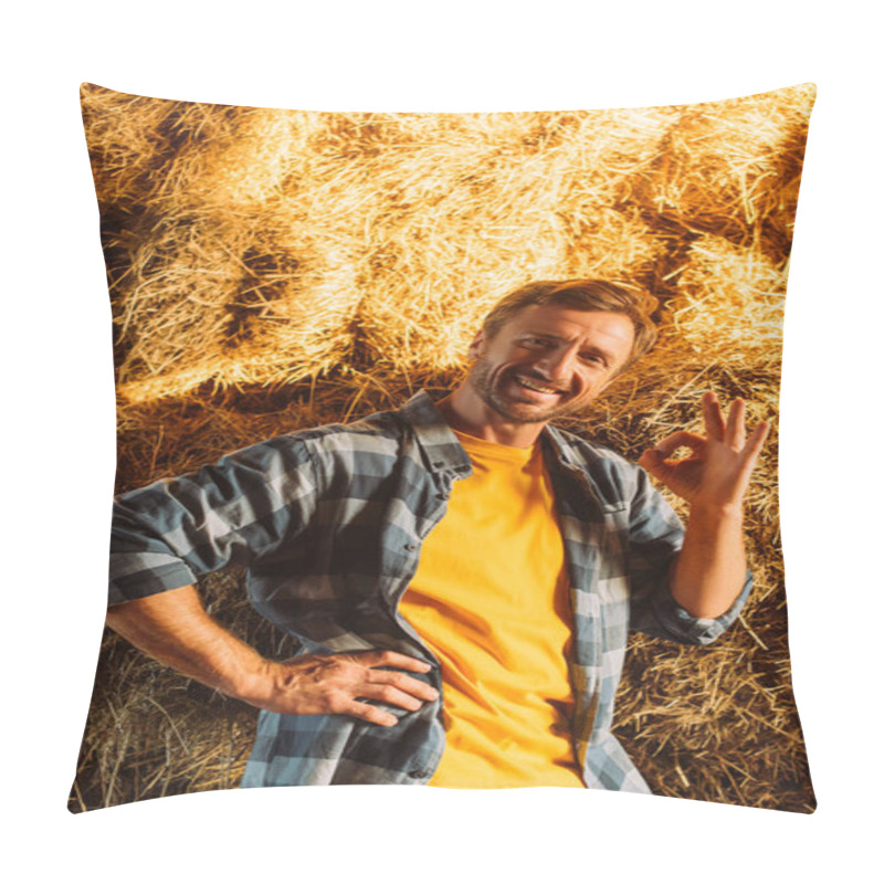 Personality  Rancher In Plaid Shirt Showing Okay Gesture While Looking At Camera Near Hay Stack Pillow Covers