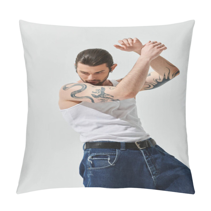 Personality  Handsome Caucasian Man In Trendy Attire Showcasing An Intricate Tattoo On His Arm. Pillow Covers