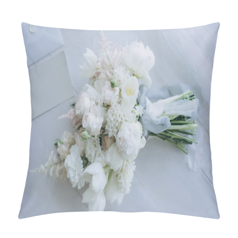 Personality  Top View Of Beautiful Bridal Bouquet On White Wooden Floor Pillow Covers