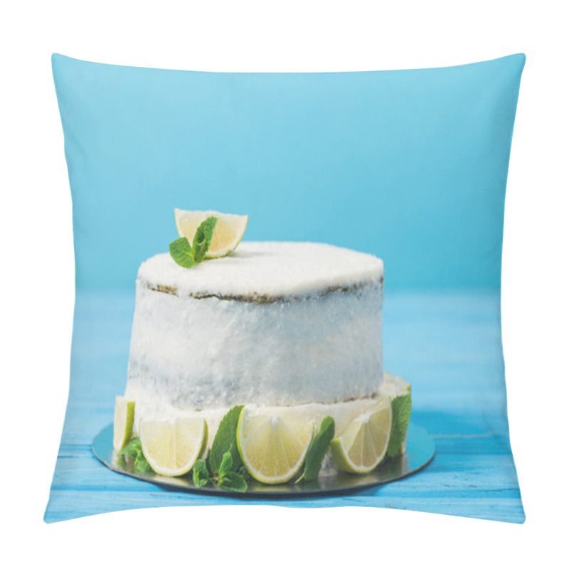 Personality  White Cake Decorated With Lime Slices On Table Isolated On Blue Pillow Covers