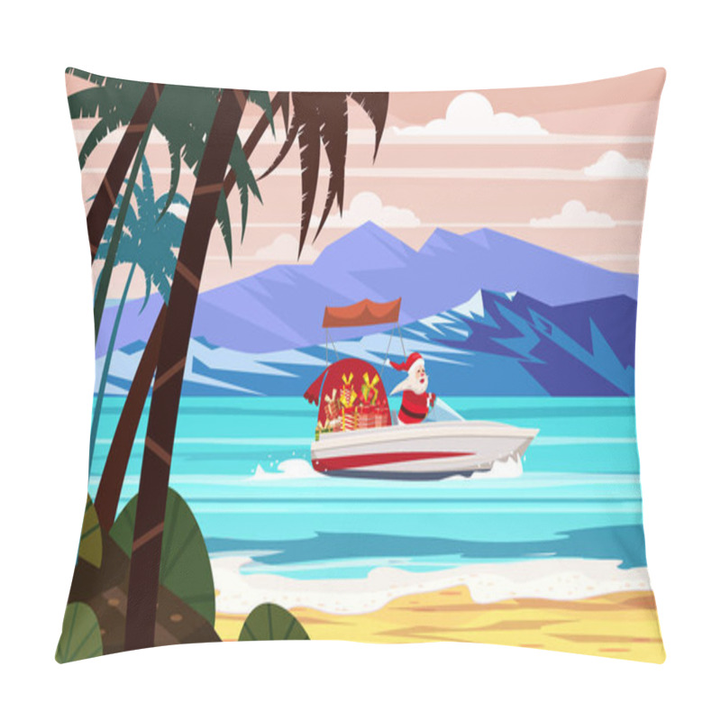 Personality  Merry Christmas Santa Claus On Speed Boat On Ocean Sea Tropical Island Palms Mountains Seaside. Vector Illustration Isolated Cartoon Style Pillow Covers