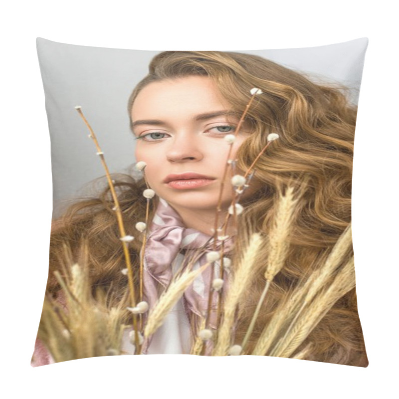 Personality  Portrait Of Woman With Curly Hair With Willow Tree Branches And Spikelets On Foreground Pillow Covers