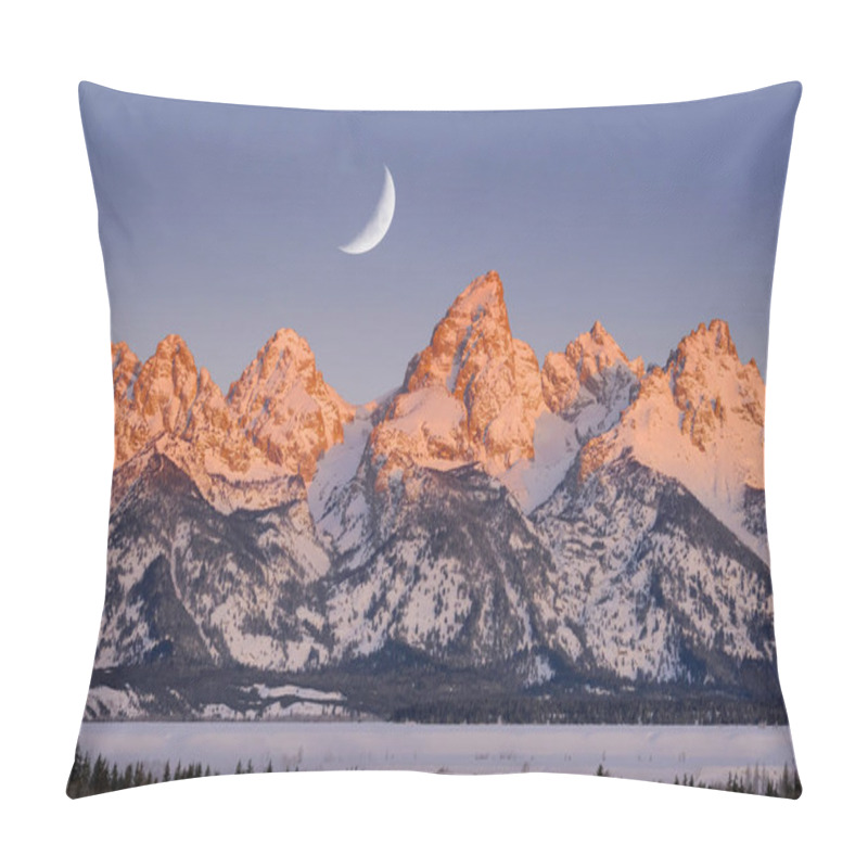 Personality  Morning Sunrise Light On Teton Mountain Range In Wyoming Alpen Glow Of Orange And Pink On Rugged Mountains With Crescent Moon Pillow Covers